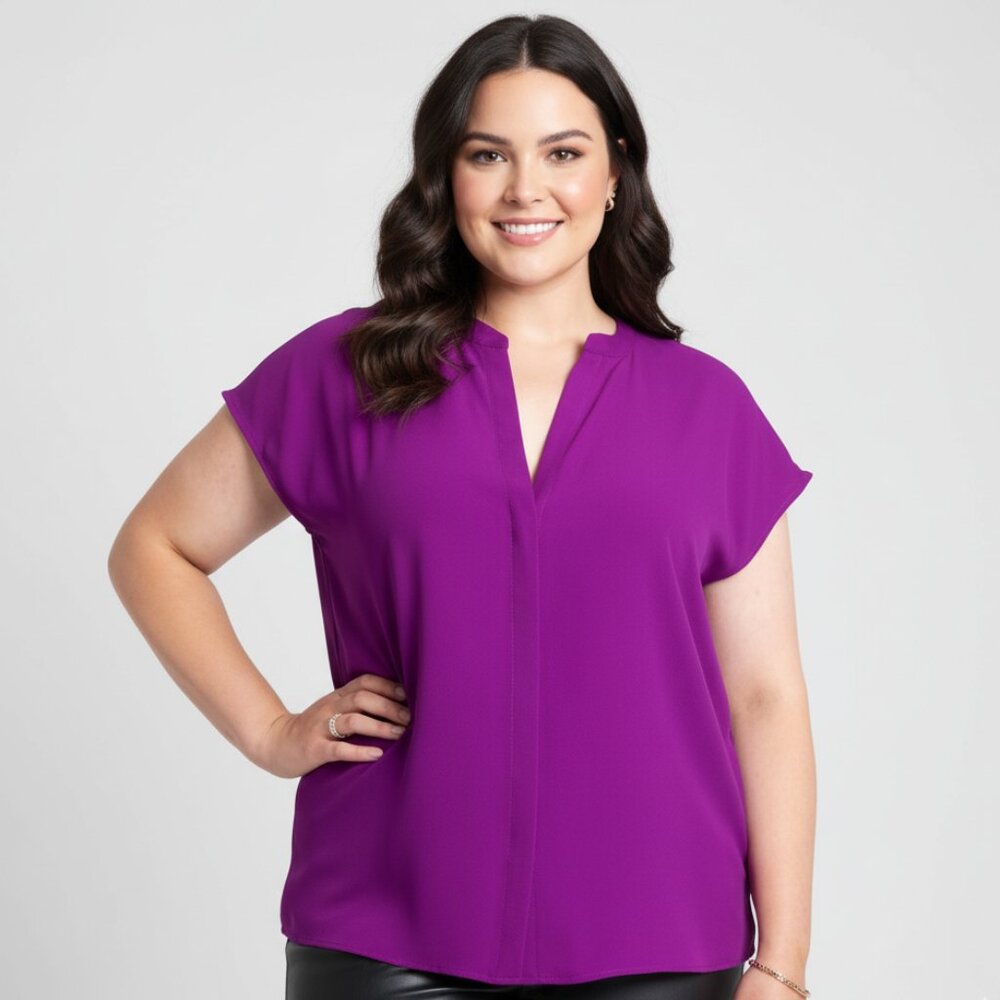 EUC ELOQUII Eggplant Purple Notch Collar Short Sleeve Blouse Plus Size 24